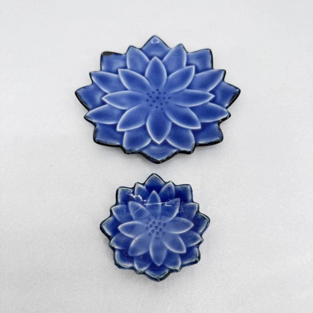 Pier 1 Ceramic Lotus Flower Trinket Dish Set Cobalt Blue Floral Decor 2 Pc Small